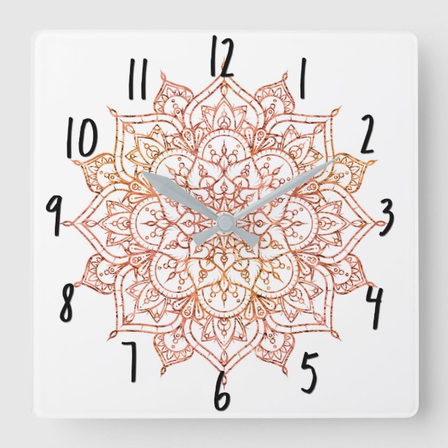 Horloge Carrée Mandala rose et orange sur Glam blanc (Recto)