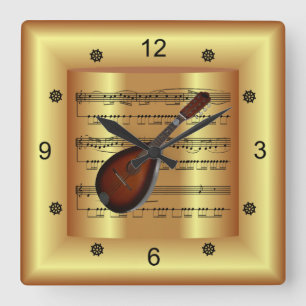 Horloge Carrée Mandolin ~ Partition courbe ~ Arrière - plan or ~ 