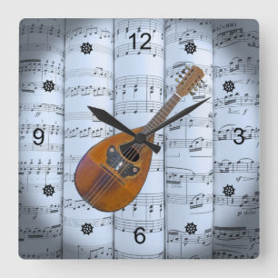 Horloge Carrée Mandolin~Partition roulée~Arrière - plan de tein