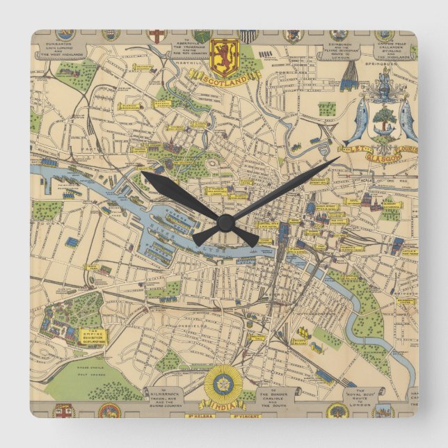 Horloge Carrée Map of Glasgow, Angleterre (Recto)