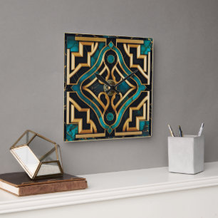 Horloge Carrée Marbre Art déco grec vert or Mandala luxe