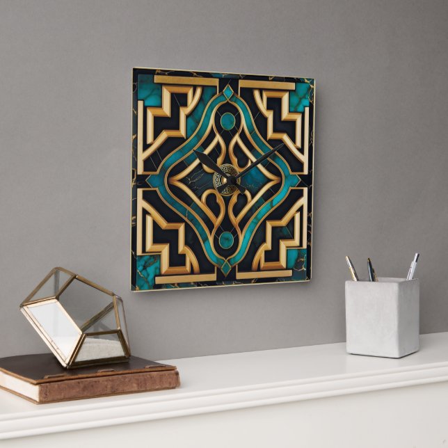 Horloge Carrée Marbre Art déco grec vert or Mandala luxe (Bureau)
