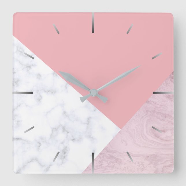Horloge Carrée Marbre blanc de rose en pastel de poussin élégant (Recto)