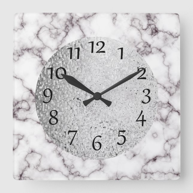 Horloge Carrée Marbre blanc élégant et gris avec argent (Recto)