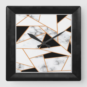 Horloge Carrée Marbre blanc Géométrique en or, noir