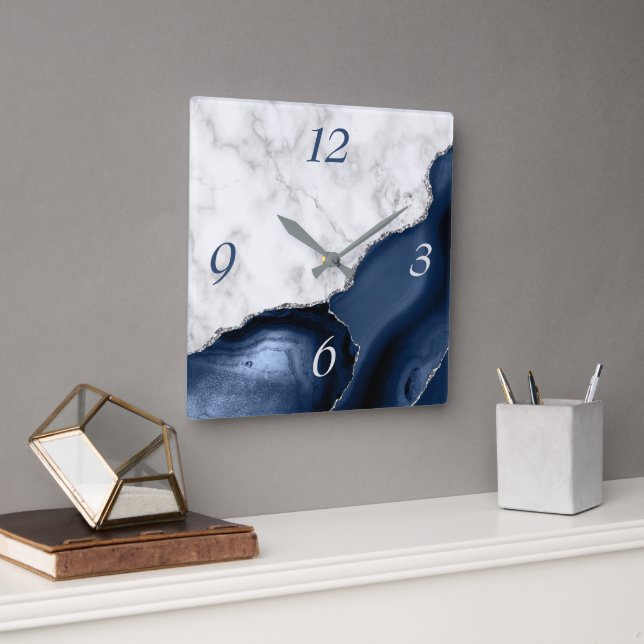 Horloge Carrée Marbre blanc Marine Blue Agate Parties scintillant (Bureau)