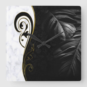 Horloge Carrée Marbre blanc, Noir, Filigree Or Graphique