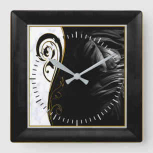 Horloge Carrée Marbre blanc, Noir, Filigree Or Graphique