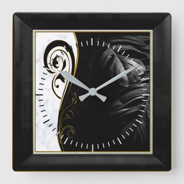 Horloge Carrée Marbre blanc, Noir, Filigree Or Graphique (Recto)