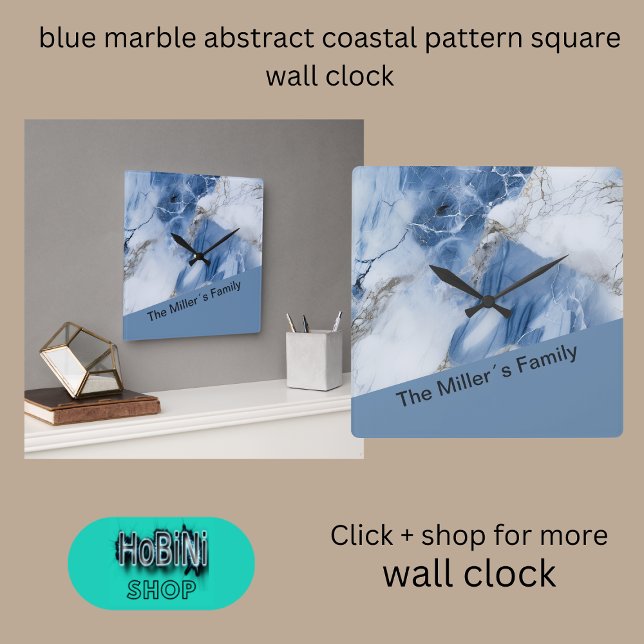 Horloge Carrée marbre bleu abstrait motif côtier (blue marble abstract coastal pattern square wall clock)