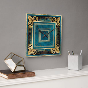 Horloge Carrée Marbre bleu cobalt Art Déco grec floral sans coutu