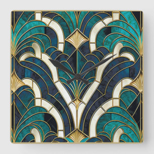 Horloge Carrée Marbre de luxe Mosaïque Art Déco Bleu Or & Sarcell