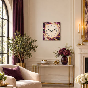 Horloge Carrée Marbre doré violet Art chiffre romain Luxe 