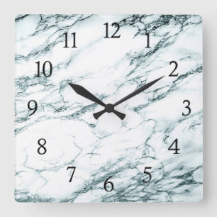 Horloge Carrée Marbre Turquoise Foncé avec Chiffres Noirs