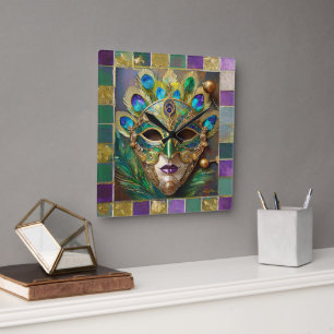 Horloge Carrée Mardi Gras Gold Ceramic Peacock Feature Masque