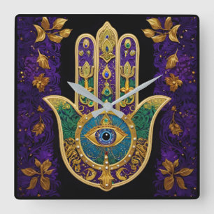 Horloge Carrée Mardi Gras Gold violet vert Hamsas Art