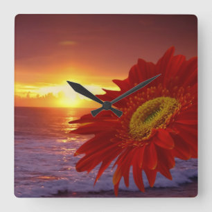 Horloge Carrée Marguerite et coucher du soleil de Gerber