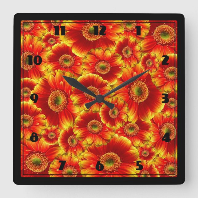 Horloge Carrée Marguerites de Gerbera jaune et orange (Recto)