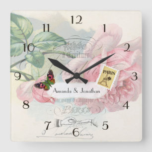 Horloge Carrée Mariage à Paris Vintage Shabby-Chic Rose Rose Pers