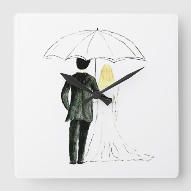 Horloge Carrée Mariage couple Juste marié chic aquarelle (Recto)