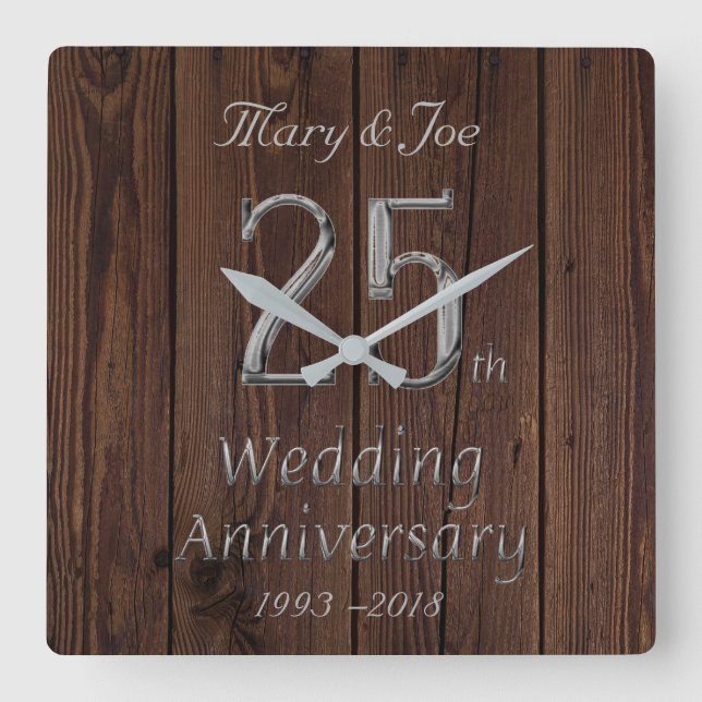 Horloge Carrée Mariage d'argent 25e anniversaire Rustique (Recto)