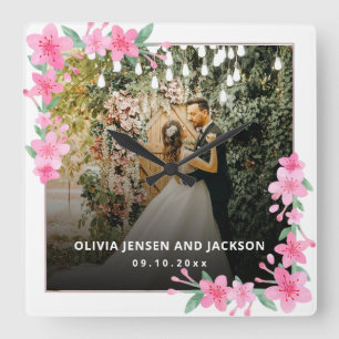 Horloge Carrée Mariage de cadre doré rose fleuri de bienvenue