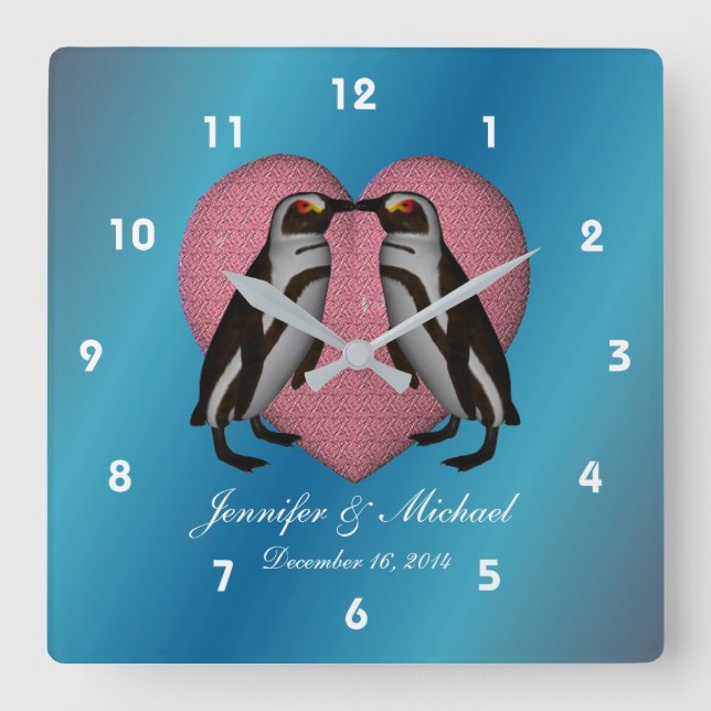 Horloge Carrée Mariage de coeur rose des pingouins baisants (Recto)