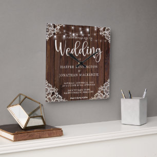 Horloge Carrée Mariage de dentelle en bois rustique