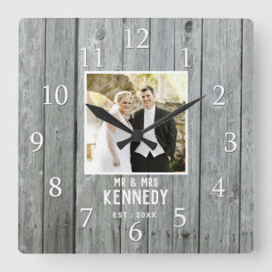 Horloge Carrée Mariage en bois gris rustique Anniversaire Photo p