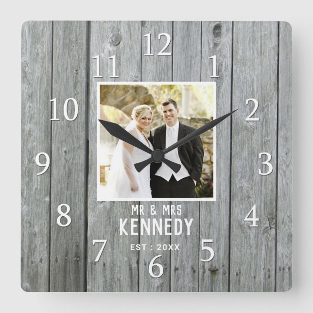 Horloge Carrée Mariage en bois gris rustique Anniversaire Photo p (Recto)