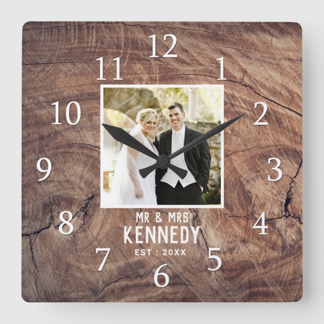 Horloge Carrée Mariage personnalisé rustique Anniversaire Photo B (Recto)