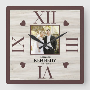 Horloge Carrée Mariage photo personnalisé en bois rustique Annive