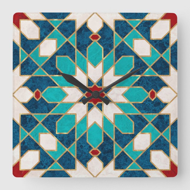 Horloge Carrée Marine Bleu Turquoise Blanc Marbre Rouge Marbre Ma (Recto)