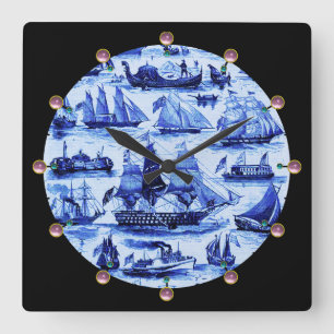 Horloge Carrée MARITIME, NAVIRES VINTAGES, NAVIRES À VOILE, Bleu 