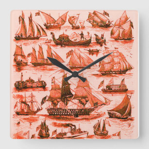 Horloge Carrée MARITIME, VINTAGE SHIPS, SAILING VESSELS, Red Whit