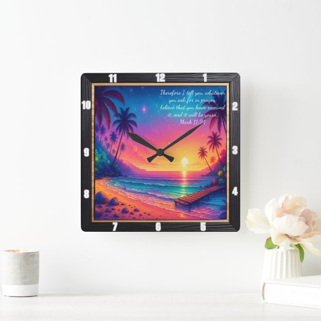 Horloge Carrée Mark 11:24 Sunset Vibrant Verse Beach (Maison)