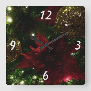 Horloge Carrée Maroon et Arbre de Noël d'or I Photo de vacances
