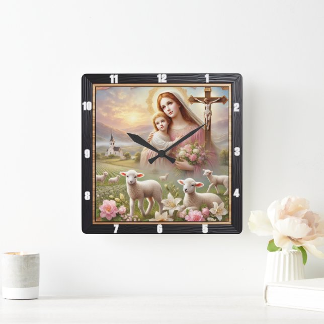 Horloge Carrée Mary Jesus Lambs Spirituel (Maison)