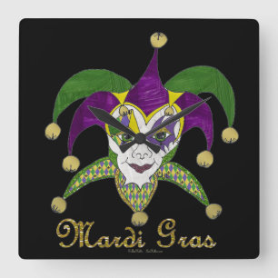 Horloge Carrée Masque de bouffons de Mardi Gras coloré