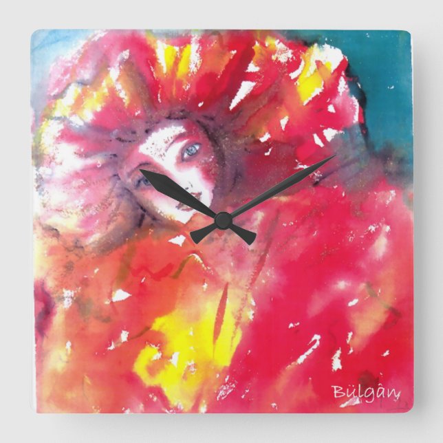 Horloge Carrée MASQUE EN ROUGE / Balle mascarade vénitienne, Jaun (Recto)