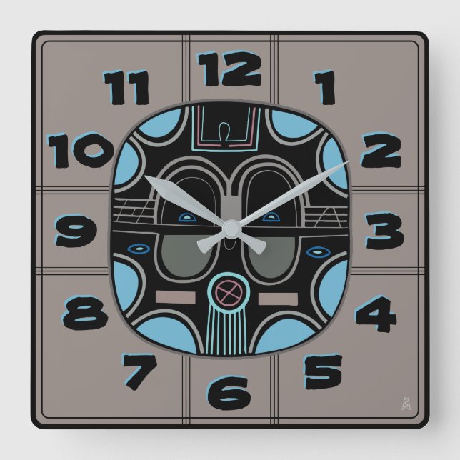 Horloge Carrée Masque tribal africain moderne en bleu gris noir (Recto)
