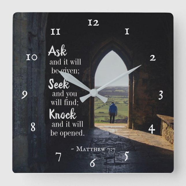 Horloge Carrée Matthieu 7:7, Demandez et il sera donné (Recto)