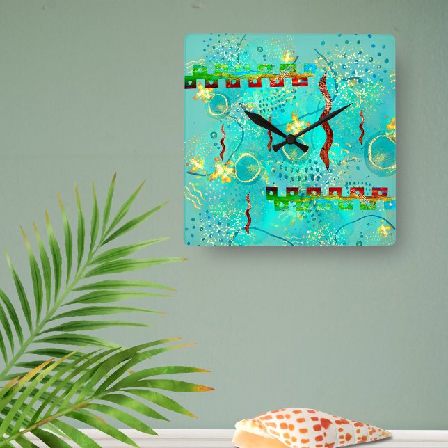 Horloge Carrée Maya Turquoise & Golden Misty Sky (Créateur téléchargé)