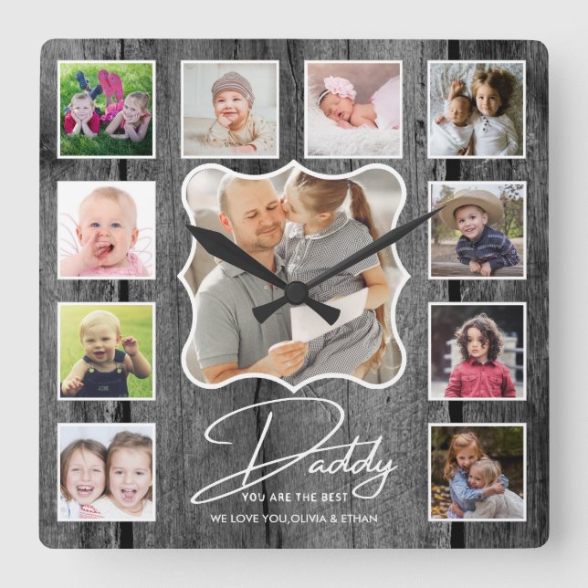 Horloge Carrée Meilleur Papa Ever 11 Photo Collage Bois Noir (Recto)