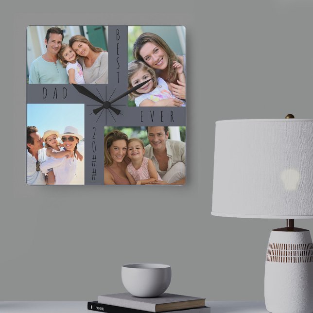Horloge Carrée Meilleur papa Ever 4 Photo Collage Gris (Créateur téléchargé)