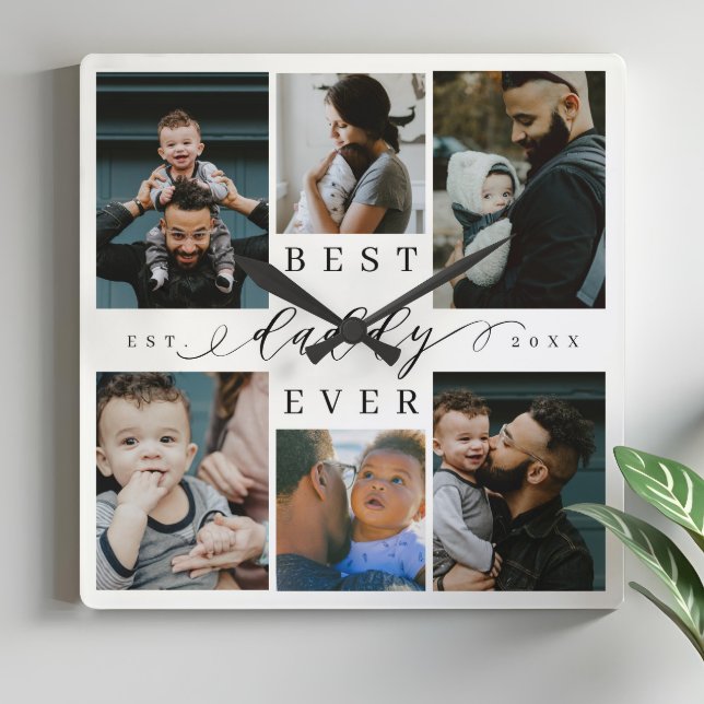 Horloge Carrée Meilleur papa jamais | Fête des pères 6 Collage ph (Best Daddy Ever | Father's Day 6 Photo Collage Square Wall Clock)
