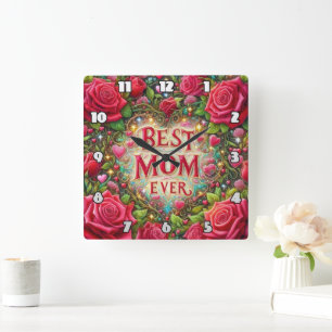 Horloge Carrée Meilleure maman : Roses, Coeurs, Golden Glow