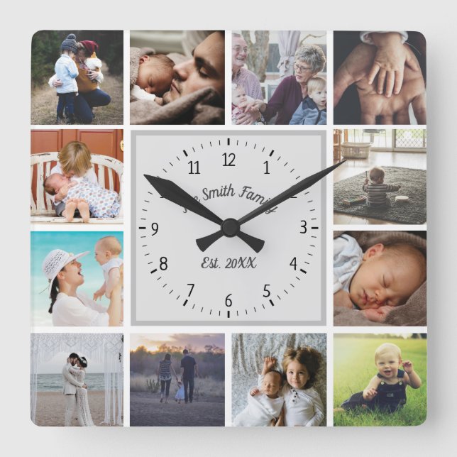 Horloge Carrée Mémoires de famille personnalisation collage photo (Recto)