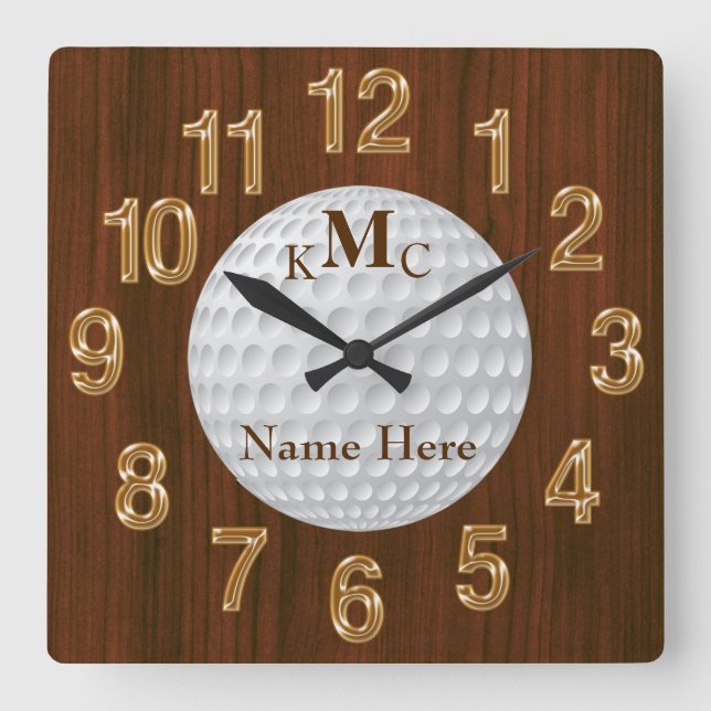 Horloge Carrée Men's Personalized Golf Clock on Faux Cherry Wood (Recto)