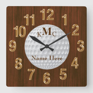 Horloge Carrée Men's Personalized Golf Clock on Faux Cherry Wood